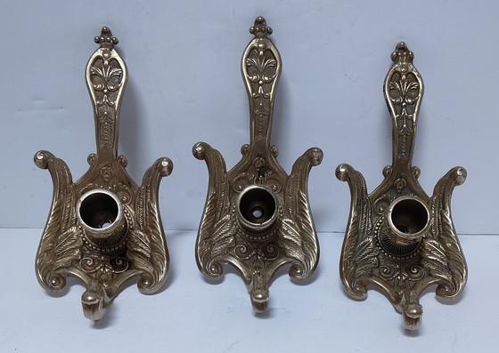 Image 1 of Three Brass Peacock Candleholders 60s