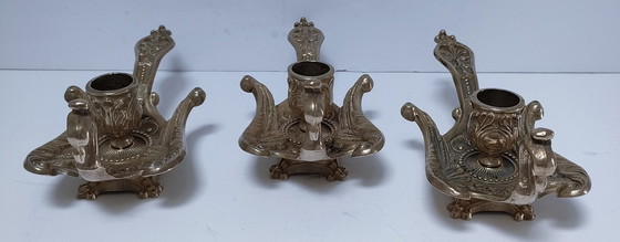 Image 1 of Three Brass Peacock Candleholders 60s