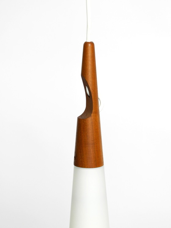 Image 1 of Rare Uno & Östen Kristiansson Pendant Lamp In Opal Glass And Teak | Made By Luxus Vittsjö, Sweden 1957