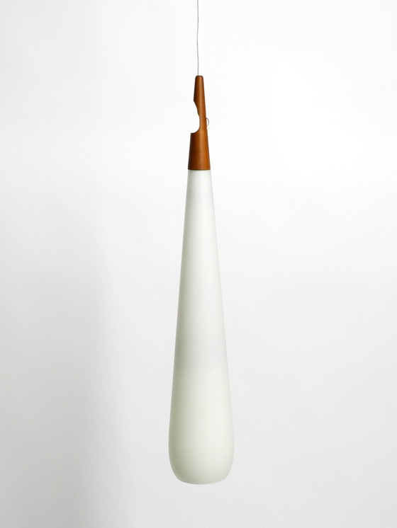 Image 1 of Rare Uno & Östen Kristiansson Pendant Lamp In Opal Glass And Teak | Made By Luxus Vittsjö, Sweden 1957