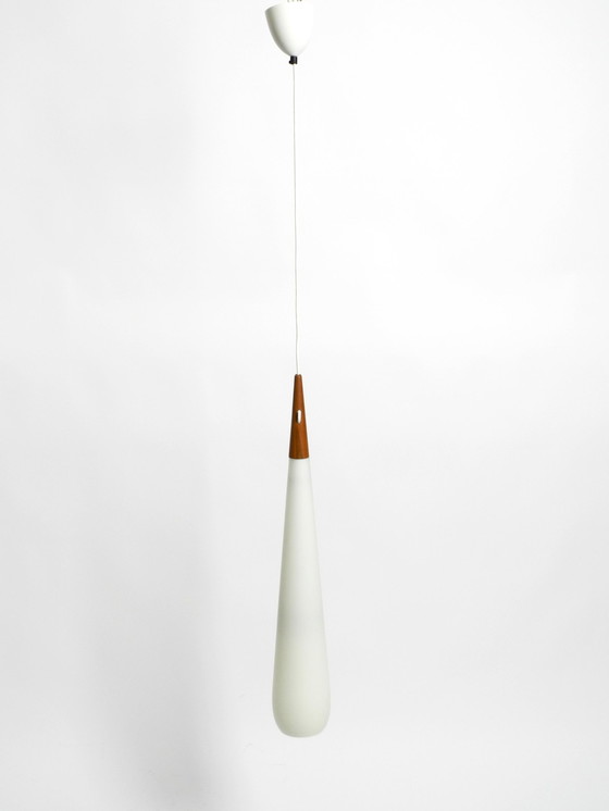 Image 1 of Rare Uno & Östen Kristiansson Pendant Lamp In Opal Glass And Teak | Made By Luxus Vittsjö, Sweden 1957