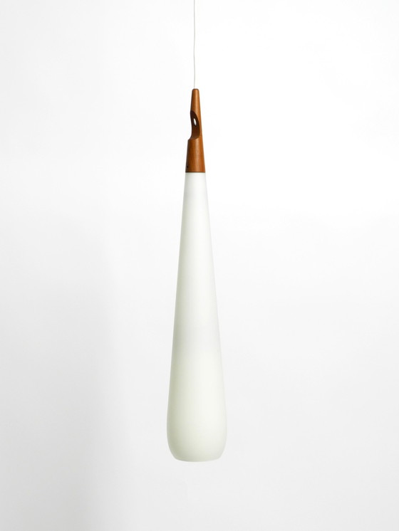 Image 1 of Rare Uno & Östen Kristiansson Pendant Lamp In Opal Glass And Teak | Made By Luxus Vittsjö, Sweden 1957