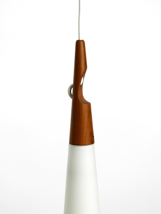 Image 1 of Rare Uno & Östen Kristiansson Pendant Lamp In Opal Glass And Teak | Made By Luxus Vittsjö, Sweden 1957