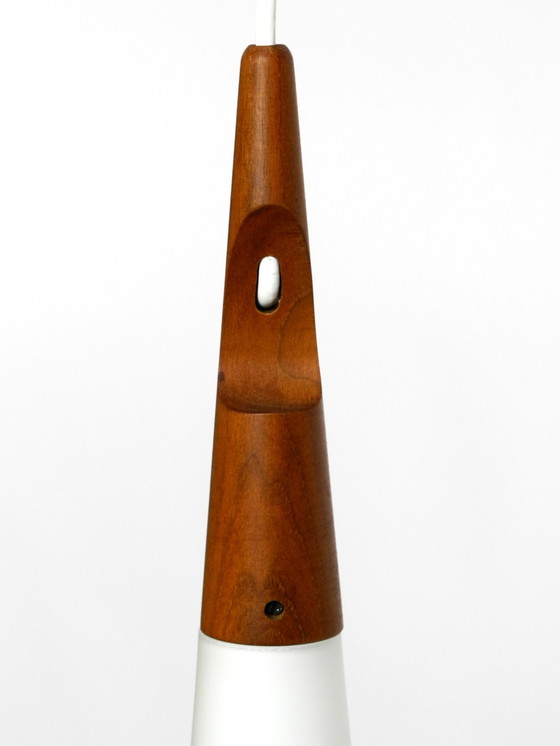 Image 1 of Rare Uno & Östen Kristiansson Pendant Lamp In Opal Glass And Teak | Made By Luxus Vittsjö, Sweden 1957