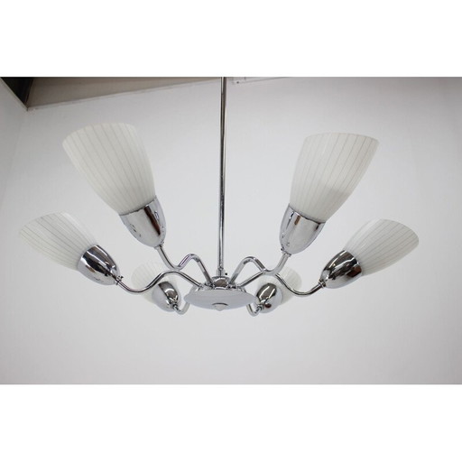 Vintage glass and metal chandelier by Elektroinstala Děčín, Czechoslovakia 1960