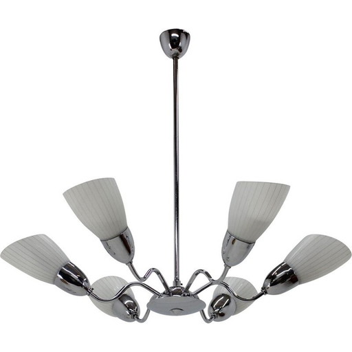 Vintage glass and metal chandelier by Elektroinstala Děčín, Czechoslovakia 1960