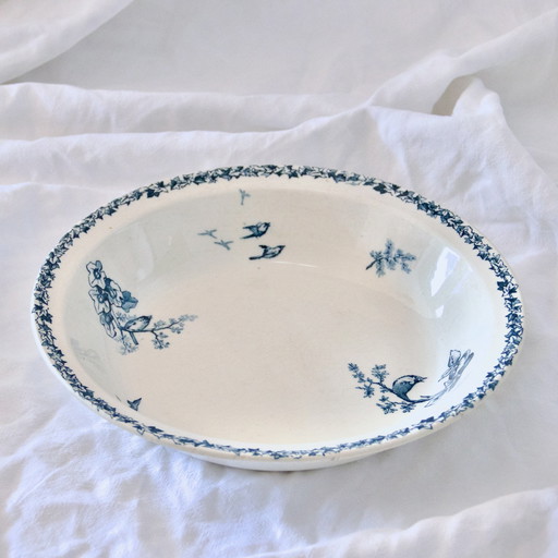 Piatto fondo/insalatiera del XIX secolo, in ferro e terra, uccelli, Choisy-Le-Roi