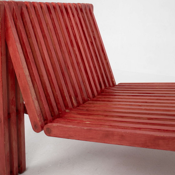 Image 1 of Red Wooden Lounge Chair And Side Table Set