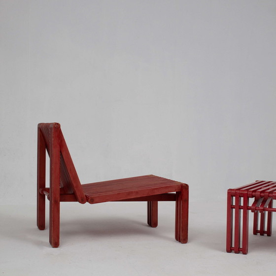 Image 1 of Red Wooden Lounge Chair And Side Table Set