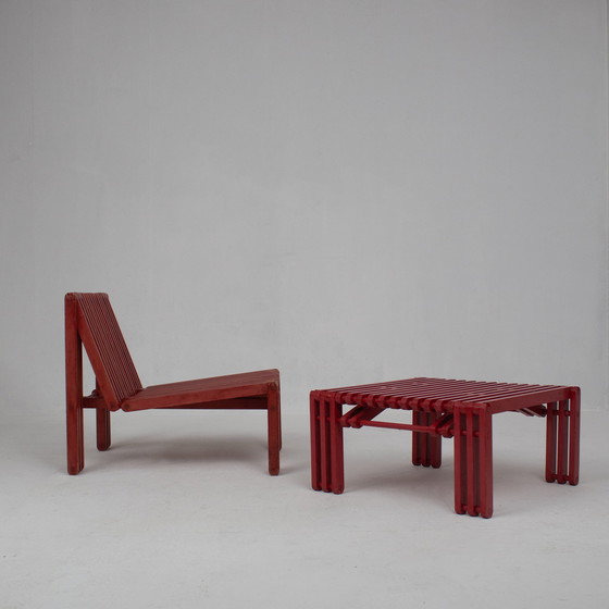 Image 1 of Red Wooden Lounge Chair And Side Table Set