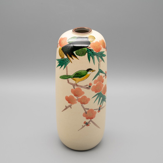 Image 1 of Kutani Yaki Ware Ceramic Japanese Porcelain Vintage Flower Vase Plum and Bird