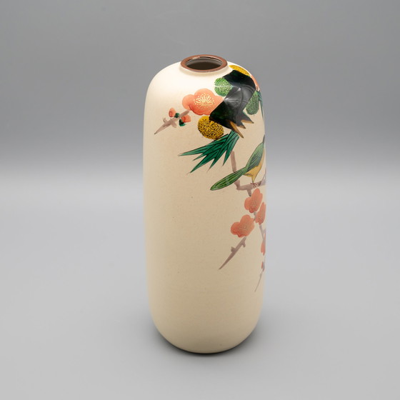 Image 1 of Kutani Yaki Ware Ceramic Japanese Porcelain Vintage Flower Vase Plum and Bird