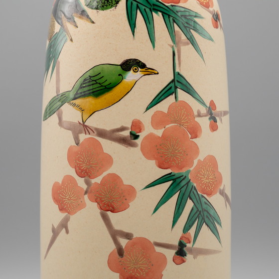 Image 1 of Kutani Yaki Ware Ceramic Japanese Porcelain Vintage Flower Vase Plum and Bird