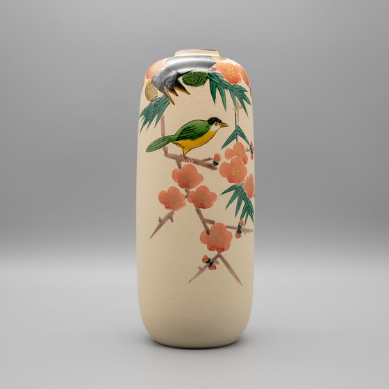 Image 1 of Kutani Yaki Ware Ceramic Japanese Porcelain Vintage Flower Vase Plum and Bird