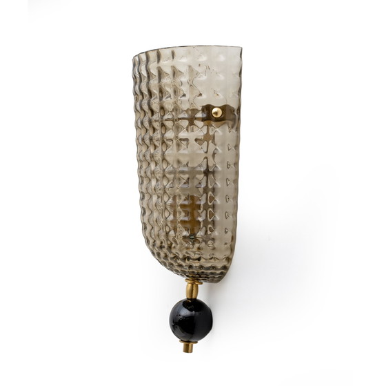 Image 1 of Pair Of Art Dèco Style Italian Murano Glass And Brass Sconces