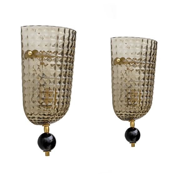 Image 1 of Pair Of Art Dèco Style Italian Murano Glass And Brass Sconces