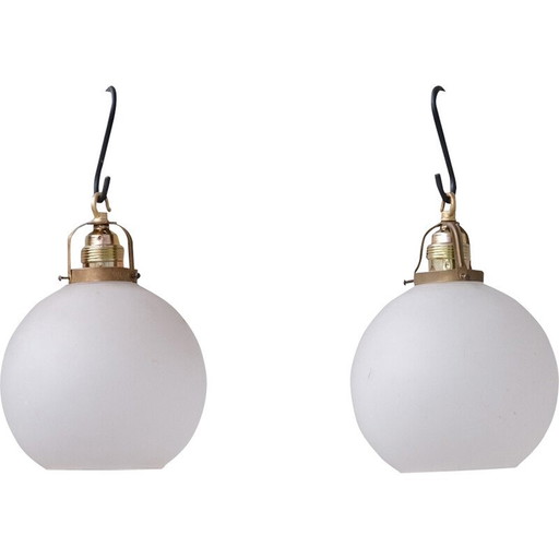 Pair of vintage etched glass pendant lights, France 1960