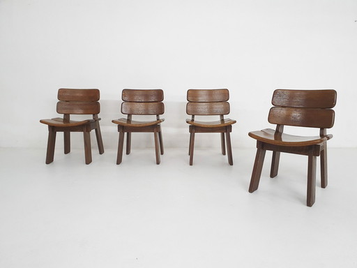 Set Of Four Solid Oak Dining Chairs, The Netherlands 1970'S