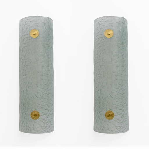 Pair Of Modern Italian Murano Glass Green Water And Brass Wall Sconces