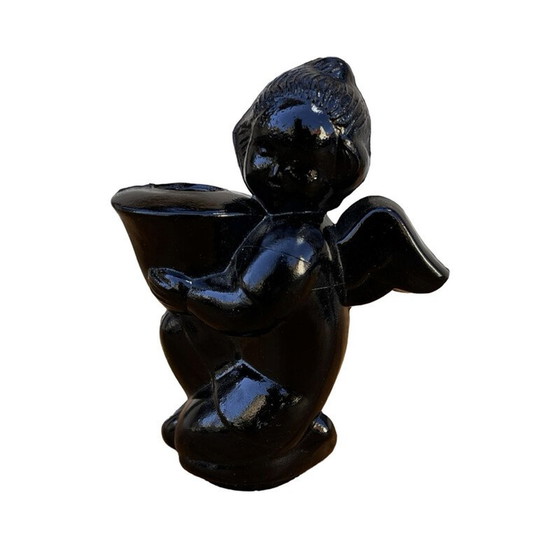 Image 1 of Vintage candlestick representing an angel in hyalite glass for La Verrerie Libochovice, Czechoslovakia 1960