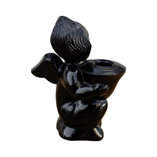 Vintage candlestick representing an angel in hyalite glass for La Verrerie Libochovice, Czechoslovakia 1960