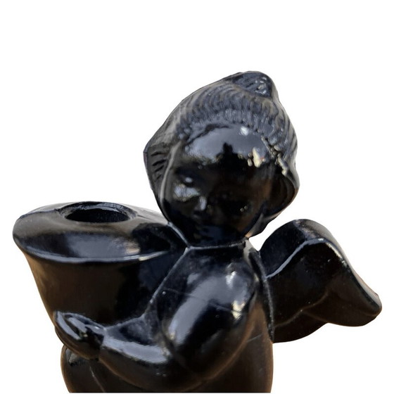 Image 1 of Vintage candlestick representing an angel in hyalite glass for La Verrerie Libochovice, Czechoslovakia 1960