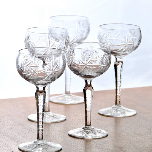 5x Old Val Saint Lambert Crystal Mouth Blown Glasses