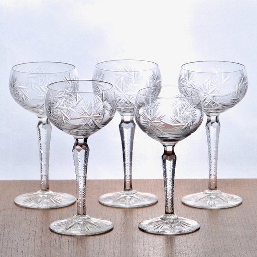 5x Old Val Saint Lambert Crystal Mouth Blown Glasses