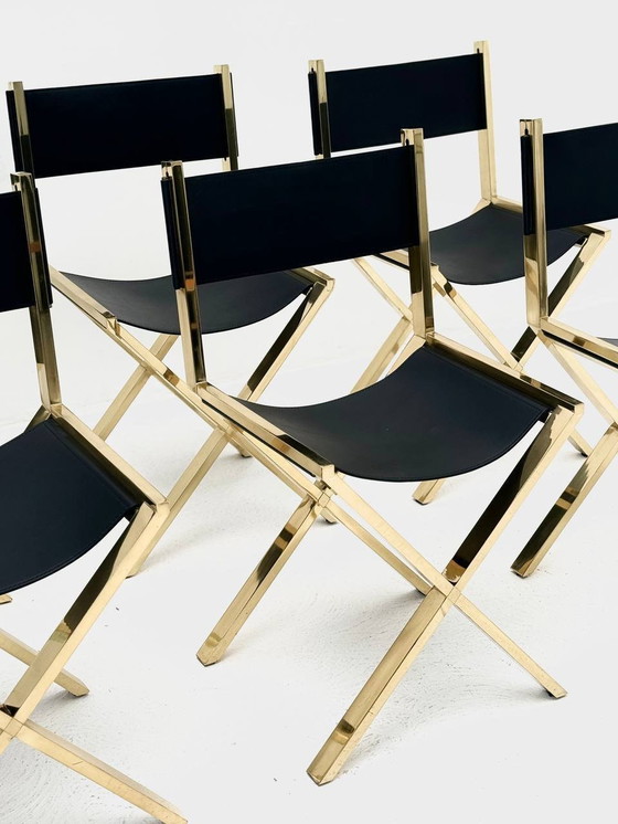 Image 1 of Set of 6 scissor chairs made of brass & calfskin, Italy, 1970s