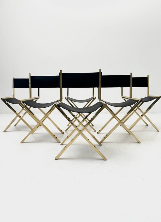 Set of 6 scissor chairs made of brass & calfskin, Italy, 1970s