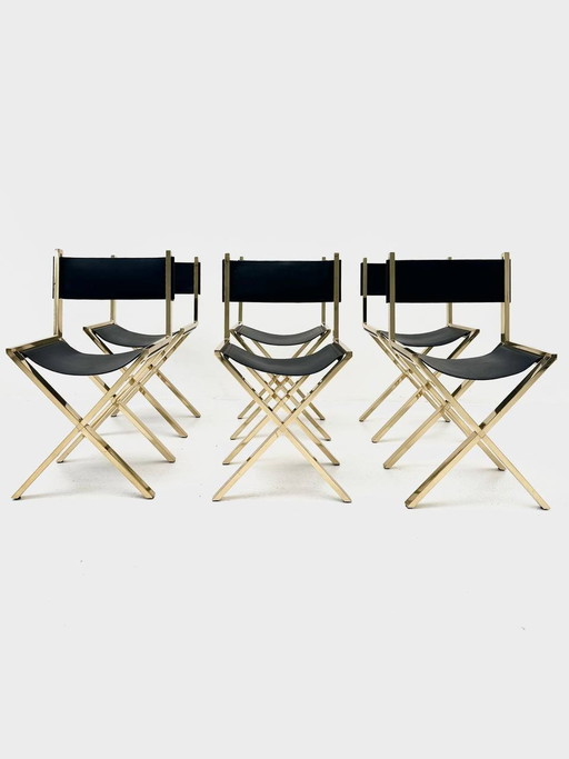 Set of 6 scissor chairs made of brass & calfskin, Italy, 1970s