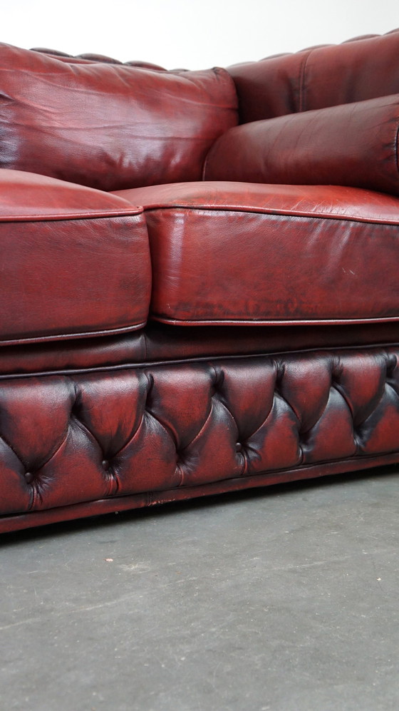 Image 1 of Red cowhide leather chesterfield 2 seater sofa