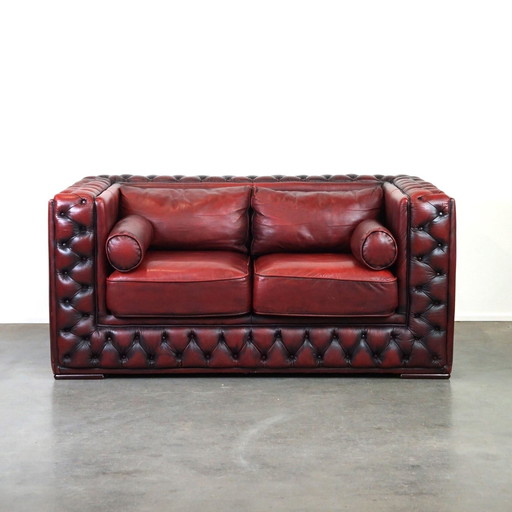 Red cowhide leather chesterfield 2 seater sofa