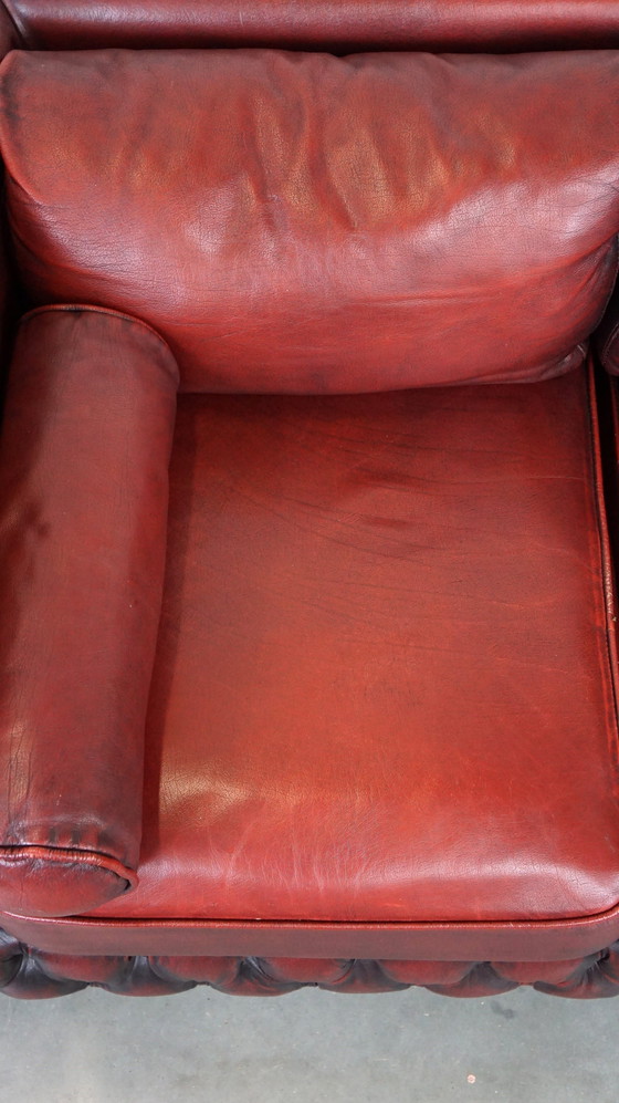 Image 1 of Red cowhide leather chesterfield 2 seater sofa