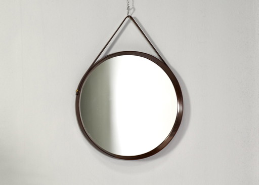 Italian Mirror in Solid Teak, Leather and Brass, Italy – circa 1950