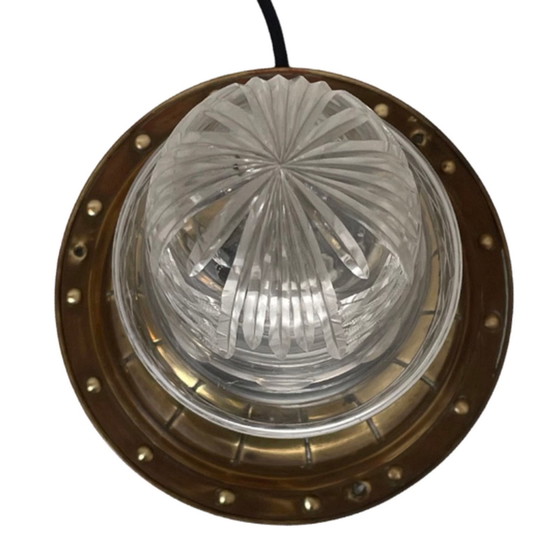 Image 1 of Art deco/Early 30’s - Ceiling mounted lamp with crystal shade - Brass base and ceramic socket - Fully original!