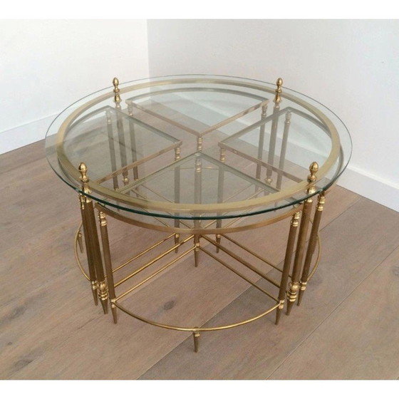 Image 1 of Vintage round brass coffee table with 4 nesting tables for Maison Bagués, France1940