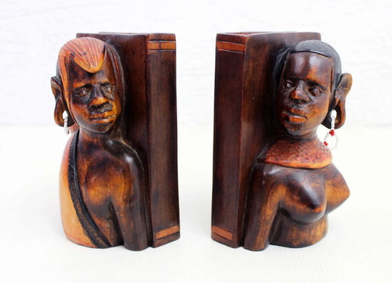 Image 1 of African bookends in carved solid wood