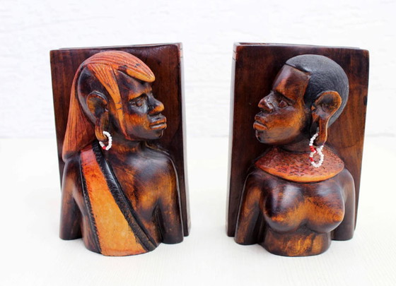 Image 1 of African bookends in carved solid wood