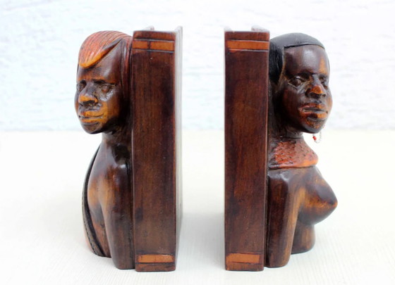 Image 1 of African bookends in carved solid wood