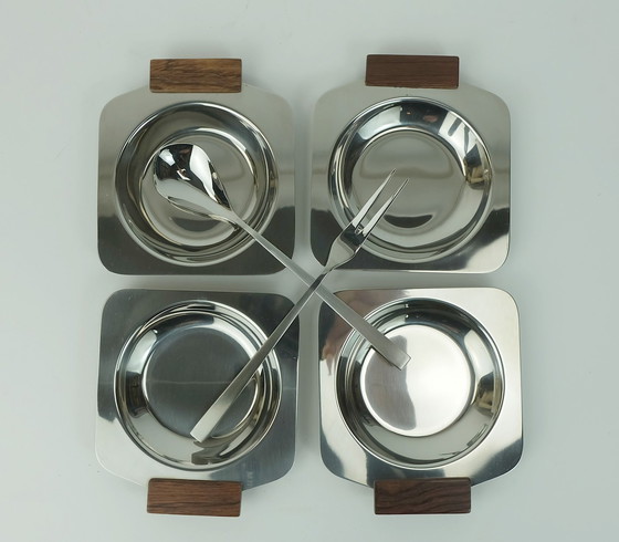 Image 1 of Mid Century Modern Bowl Set Dip Bowls Party Serving Set Stainless Steel And Wood 1960S