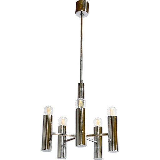 Vintage chrome metal chandelier with 5 arms of light by Gaetano Sciolari, Italy 1960