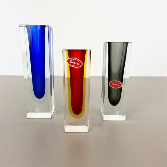 Image 1 of Set of 3 vintage faceted Murano glass Sommerso vases by Flavio Poli, Italy 1970s