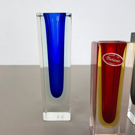 Image 1 of Set of 3 vintage faceted Murano glass Sommerso vases by Flavio Poli, Italy 1970s