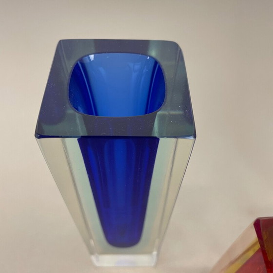 Image 1 of Set of 3 vintage faceted Murano glass Sommerso vases by Flavio Poli, Italy 1970s