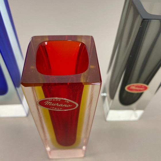 Image 1 of Set of 3 vintage faceted Murano glass Sommerso vases by Flavio Poli, Italy 1970s