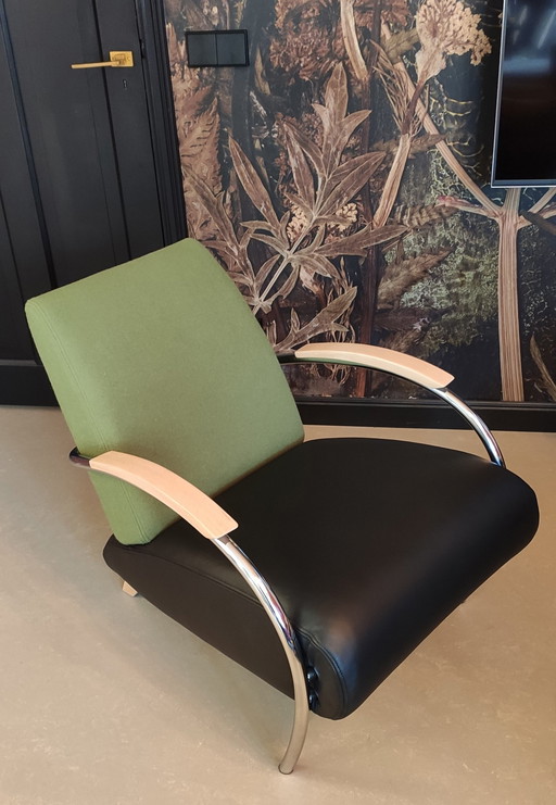 2X Jan Des Bouvrie For Gelderland 5470 Lotus Armchairs, Restored In Black Leather And Kvadrat Tonus Wool In Green.