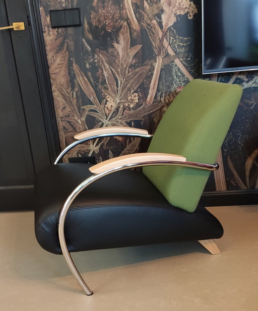 2X Jan Des Bouvrie For Gelderland 5470 Lotus Armchairs, Restored In Black Leather And Kvadrat Tonus Wool In Green.