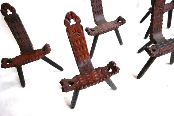 Image 1 of Spanish Brutalist wooden chairs / stools from the 60s (12x)