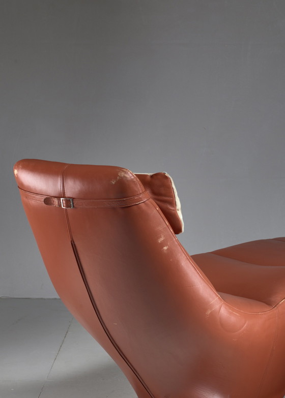 Image 1 of Mid Century Leather Chaise Longue with Cowhide Pillow, US, 1960s